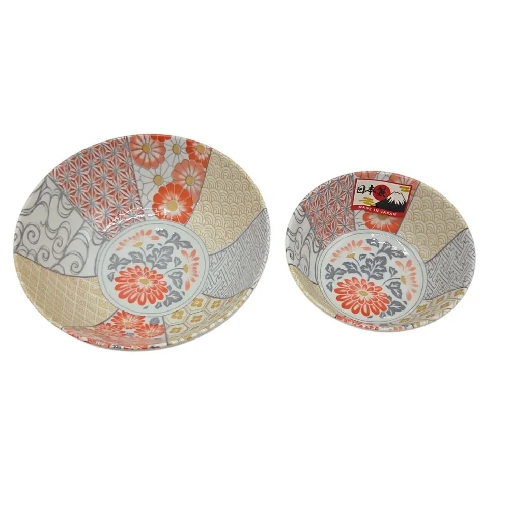 Tono Toki‎ Japanese Ramen Bowl Set Mino Ware Shozui Patchwork Floral Design